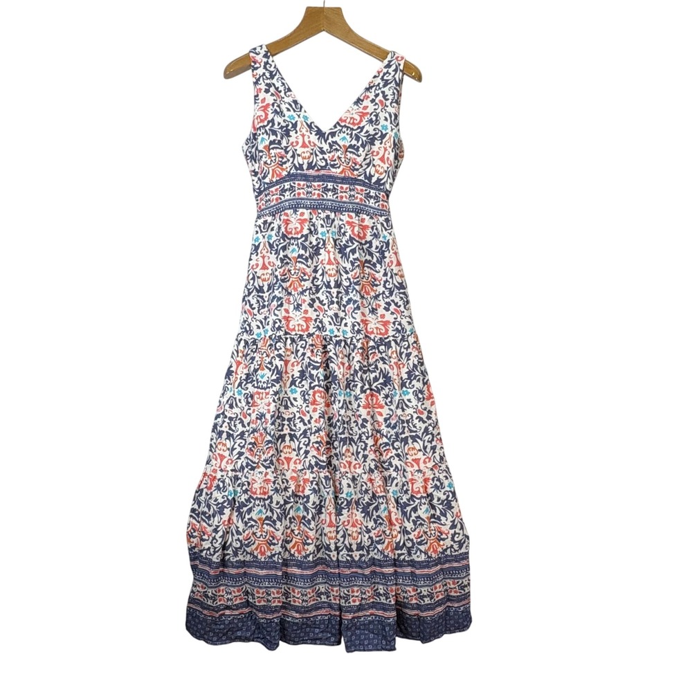 Melloday Womens Sz S Blue/Red Arabesque Print Maxi Dress V-Neck Boho Casual Flow